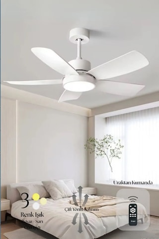 Hoogar German Beyaz 110 Cm 5 Kanatlı Süper Sessiz 3 Renk Uzaktan Kumandalı Tavan Vantilatörü Dc Motor