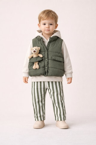 Harika Kids Erkek Bebek 3 Lü Takım 9-24 Ay Şişme Yelek %100 Pamuk Sweatshirt Gabardin Pantolon Yeşil