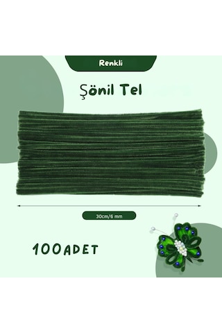 Şönil Tel, El İşi, Dıy, Hobi Ve Çiçek Yapım Teli, Haki Yeşil, 100 Adet, 6 Mm - 30 Cm