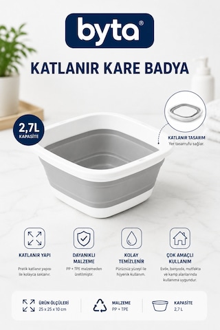 Katlanabilir Kare Badya 2,7 L Küçük Boy Çok Amaçlı Meyve Sebze Ve Bulaşık Yıkama Kabı Gri