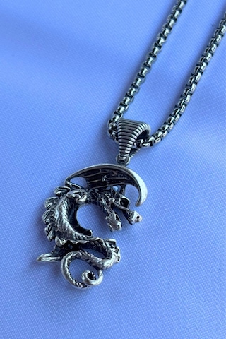 Ejderhalı El İşçiliği Paslanmaz Çelik Zincir Erkek Kolye Gümüş