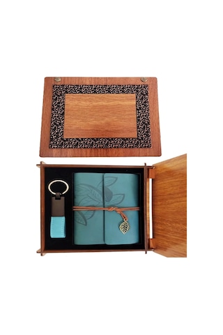 Ahşap Kutulu Mavi Deri Defter Ve Anahtarlık Set 1 Adet