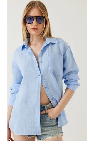 Kadın Oversize Basic Cepli Müslin Gömlek Mavi