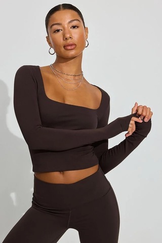 Seeh Kahverengi Kare Yaka Uzun Kollu Kadın Body Sh206