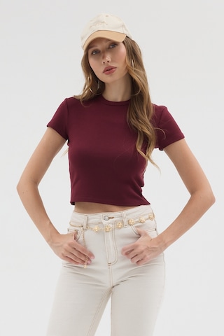 Urbantrendstore Kadın Bisiklet Yaka Likralı Kısa Kol Body Crop Bluz Günlük Şık Sade Yazlık Casual Crop Kadın Crop Bordo