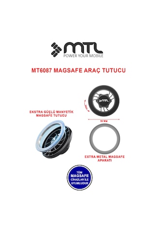 Güçlü Manyetik Araç İçi Telefon Tutucu 360 Döner Başlık Ekstra Güçlü Mıknatıs Magsafe Uyumlu Mt6087 Siyah