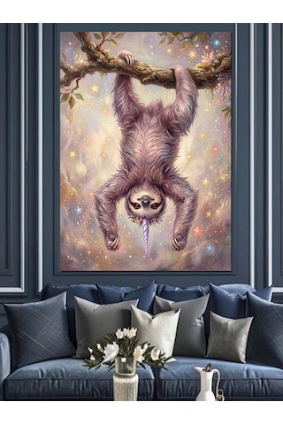 Baş Aşağı Duran Mor Tembel Hayvan Dekoratif Kanvas - Mdf Ahşap Tablo