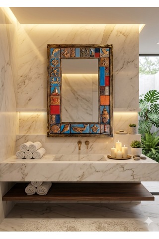 El Yapımı Deniz Temalı Dekoratif Ayna Seramik Çerçeveli, Rustik & Bohem Duvar Aynası Banyo, Antre, Salon 74x51cm Ahşap