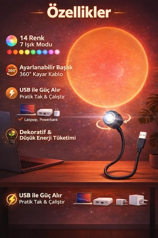 Usb Led Gün Batımı Projektör Lambası 7 Mod 14 Renk Ayarlanabilir Ambiyans Işığı Sarı