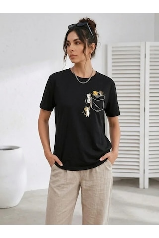 Valensdesign Sevimli Kedi Cep Baskılı Tişört Kısa Kol Yazlık T-shirt - Siyah