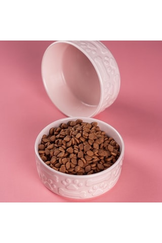Pembe Kedi Köpek Mama Kabı 2li Seramik Kabartmalı Kedi Köpek Mama Ve Su Kabı 13.5 Cm 500ml