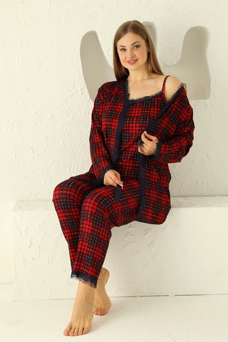 Nisanca Sabahlıklıklı 3 Parça Çeyizlik Kutulu Kadın Pijama Takımı- Dantelli Kutulu Kadın Pijama- Geniş Beden Aralığı Kırmızı