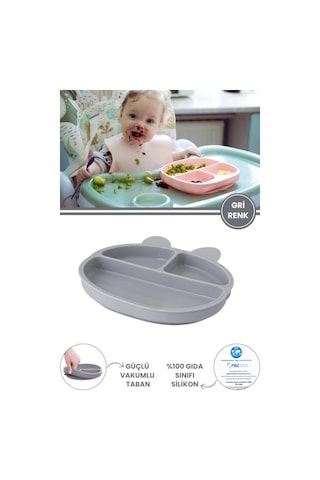 Silicolife 3 Gözlü Silikon Mama Tabağı, Vakum Tabanlı Bebek Çocuk Porsiyon Tabak Gıda Sertifikalı Gri