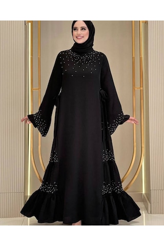 Taş İşleme Detaylı Sparklin Kumaş Abiye Elbise Siyah