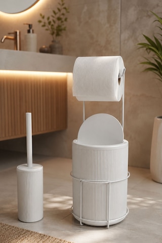 Modern Banyo Seti Kapaklı Çöp Kovası, Tuvalet Kağıtlığı Ve Wc Fırçası Minimal Tasarım Beyaz