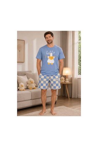 Pijamask Erkek Baskılı Şortlu Pamuklu Yazlık Pijama Takımı Mavi