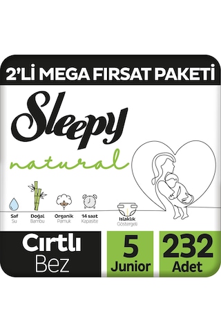 Sleepy Natural 2'li Mega Fırsat Paketi Bebek Bezi 5 Numara 232 Adet 4'lü