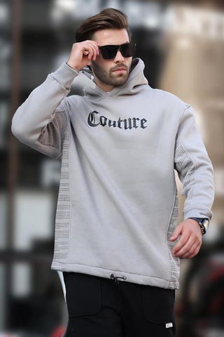 Madmext Boyalı Gri Kapüşonlu Baskılı Erkek Sweatshirt 7090 Gri