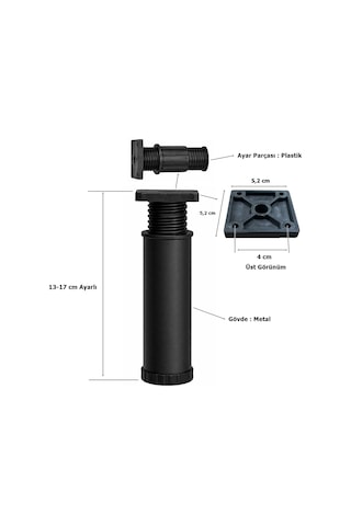 Metal Mobilya Koltuk 13 -17 Cm Ayarlı Orta Destek Ayağı Mat Siyah