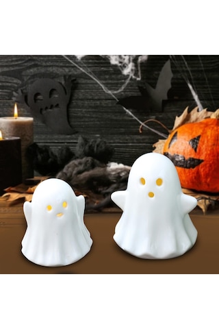 Homyl Cadılar Bayramı Ev Rafı Için 2 Adet Led Seramik Hayalet 16cmx11,5cmx10,5cm