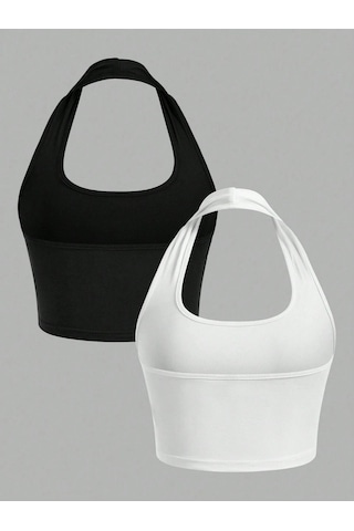 2'li Paket Kare Yaka Siyah Ve Beyaz Renk Boyun Askılı Crop Top Bluz