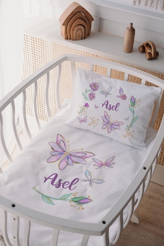 %100 Pamuk Saten Isme Özel Isimli Anne Yanı Beşik Nevresim Takımı Kelebek 1
