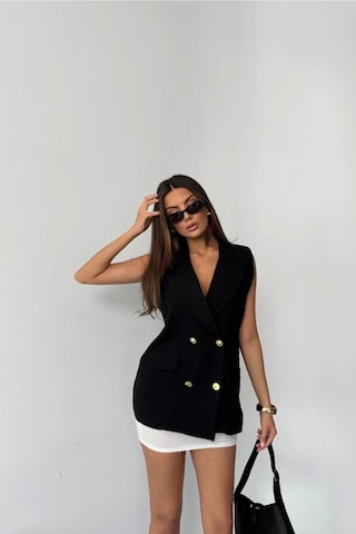 Gold Düğmeli Keten Yelek - Siyah Siyah