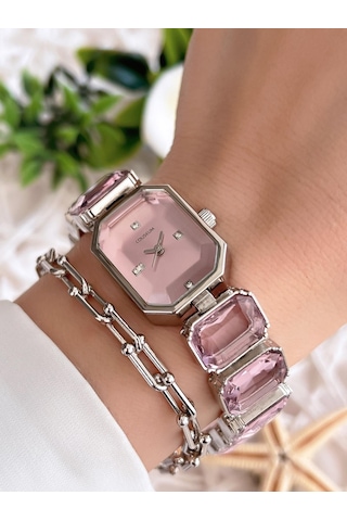 Coliseum Özel Tasarım Vintage Seri Taşlı Kordon Model Kadın Kol Saati+bileklik Hediyeli Cl8888.s06 Gümüş