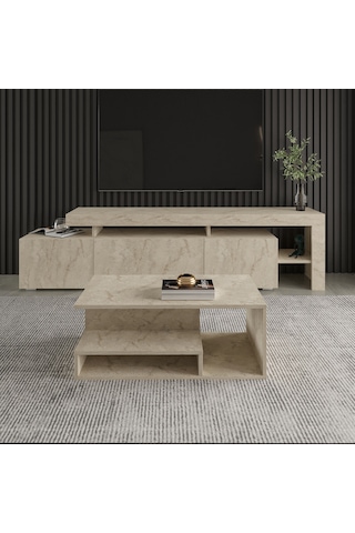 Vera Mini Orta Sehpa Modern Tasarım, Fonksiyonel Raflı Yap Traverten