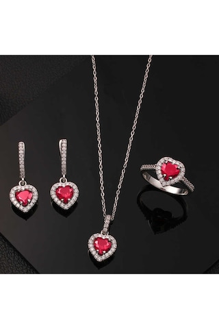 Casera's Gümüş Kırmızı Taşlı Kalpli Kadın Set Csr2185185 Gümüş