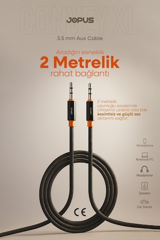 Jopus 3.5mm Aux To 3.5mm Aux Ses Kablosu Stereo Destekli Örgülü 2 Metre