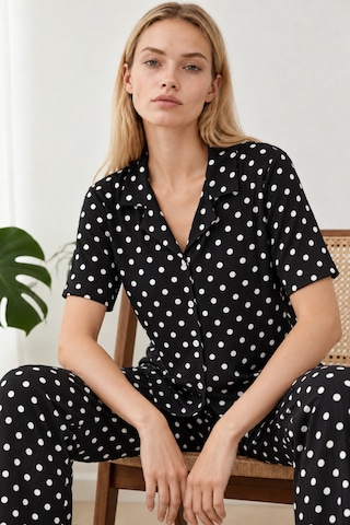 Womanandkids Night Siyah Kadın Desenli Kısa Kollu Pijama Takımı 4813