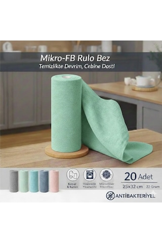 Fb Cup 20'li Rulo Mikro-fb Çok Amaçlı %100 Mikrofiber Temizlik Bezi 25x32 Kopart Kullan Su Yeşili Mavi - Antrasit - Gri