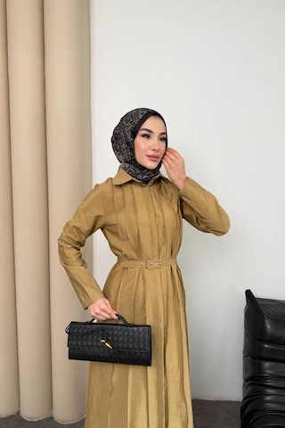 Mihran Butik Quenn Model Coupra Model Kumaş Kemer Detaylı Elbise Hardal