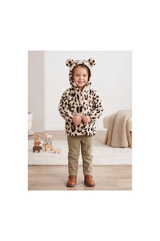 Deniva Kids Kız Çocuk Leopar Desenli Kulaklı Kapüşonlu Düğmeli Yumuşak Wellsoft Peluş Mont & Hırka Bej