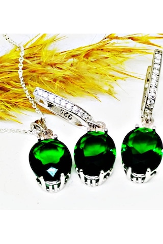 Lilahgümüştr Gümüş Oval Yeşil Taşlı Kadın Kolye Küpe Set