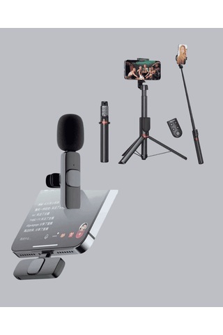 Çift Yaka Mikrofonu Ve Tripodlu Selfie Çubuğu Seti Vlog Canlı Yayın Standart