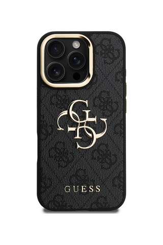 Apple iPhone 16 Pro Uyumlu Kılıf Guess Lisanslı Metal 4g Ve Yazı Logolu Kamera Standlı Kapak Siyah