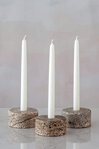 Doğal Traverten Mermer Şamdan Mumluk 3lü Set Silver Dark A.Ağaç
