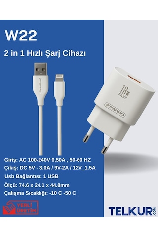 Ferro W22 Qualcom Apple Uyumlu iPhone 18w 3.0 Lightning Hızlı Şarj Seti
