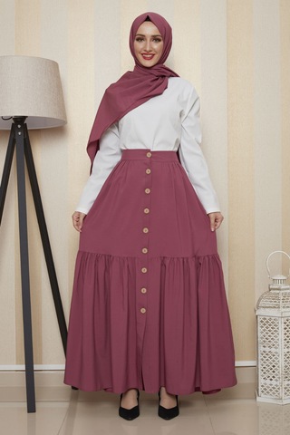 İbrahim Burak Etiler Collection Moda Çizgi Etek Gülkurusu