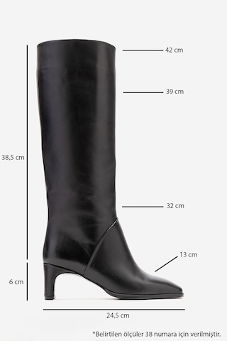 Luvishoes Taly Siyah Cilt Hakiki Deri Kadın Blok Topuklu Çizme Siyah
