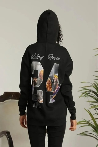 Defymoda Baskılı Oversize Üç İplik Kapüşonlu Sweatshirt - Siyah Siyah