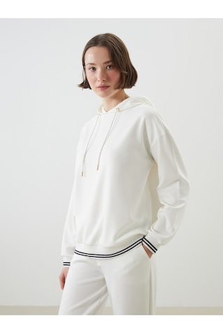 Lcwaıkıkı Classic Ekru Kapüşonlu Oversize Kadın Fitilli Tişört