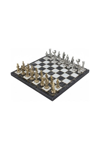 Lüks Metal Satranç Takımı Krom Kaplama Osmanlı Vs Bizans Orduları Siyah Mermer Desenli Tahta 20 Cm