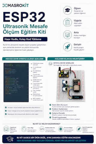Masrokit Esp-32d Geliştirme Kartlı Ultrasonik Mesafe Ölçüm Eğitim Kiti Hazır Kod, Kullanıcı Yüklemeli