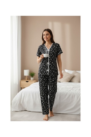 Fantezia Night Kadın Turuncu Kalp Desenli Fiyonklu Kısa Kollu Uzun Pijama Takımı Siyah
