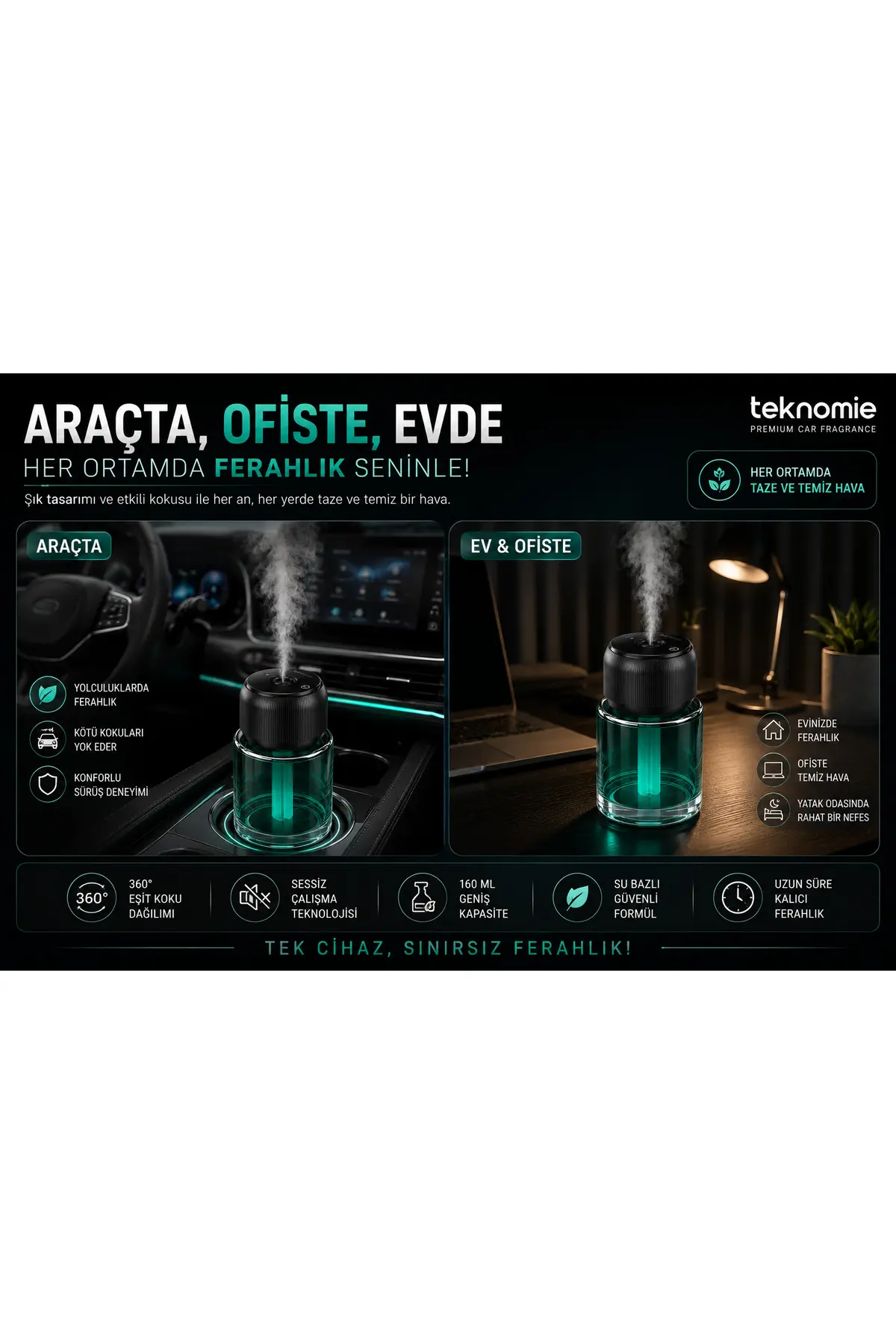 Araç Kokusu Nano Mist Teknolojili Led Ambiyanslı Difüzör Araba Kokusu Woody Fragrance