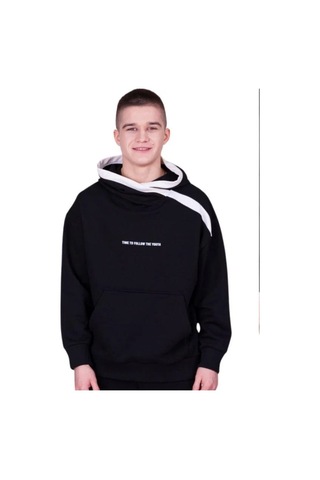 Çocuk 2 İplik Kumaş Pamuklu Sırtı Yazı Detaylı Kapüşonlu Tasarım Sweatshirt-13541 Siyah