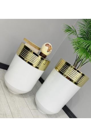 Elegant Dekoratif Gold Darbuka Parlak Beyaz Saksı 70cm + 60cm Sehpa İkili Set